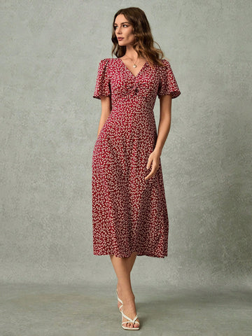 V-Neck Ditsy Floral Long Dress